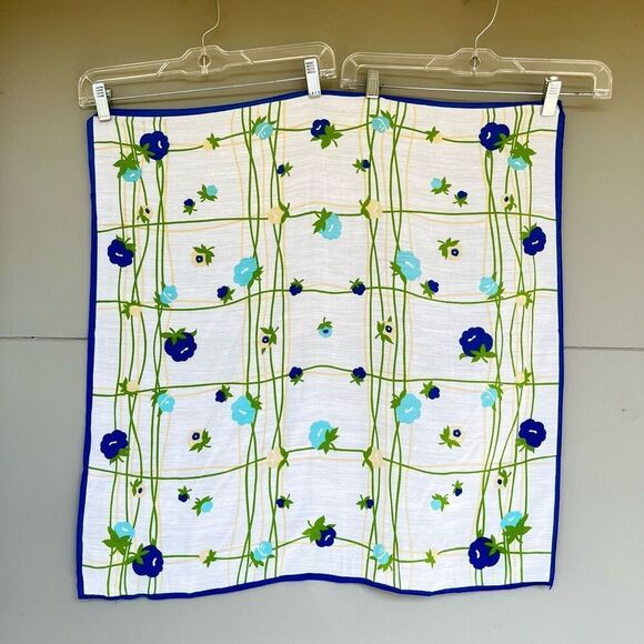 Vintage Blue & Green Floral Grid Print Scarf 25"x25" Square Lightweight - Picture 2 of 7